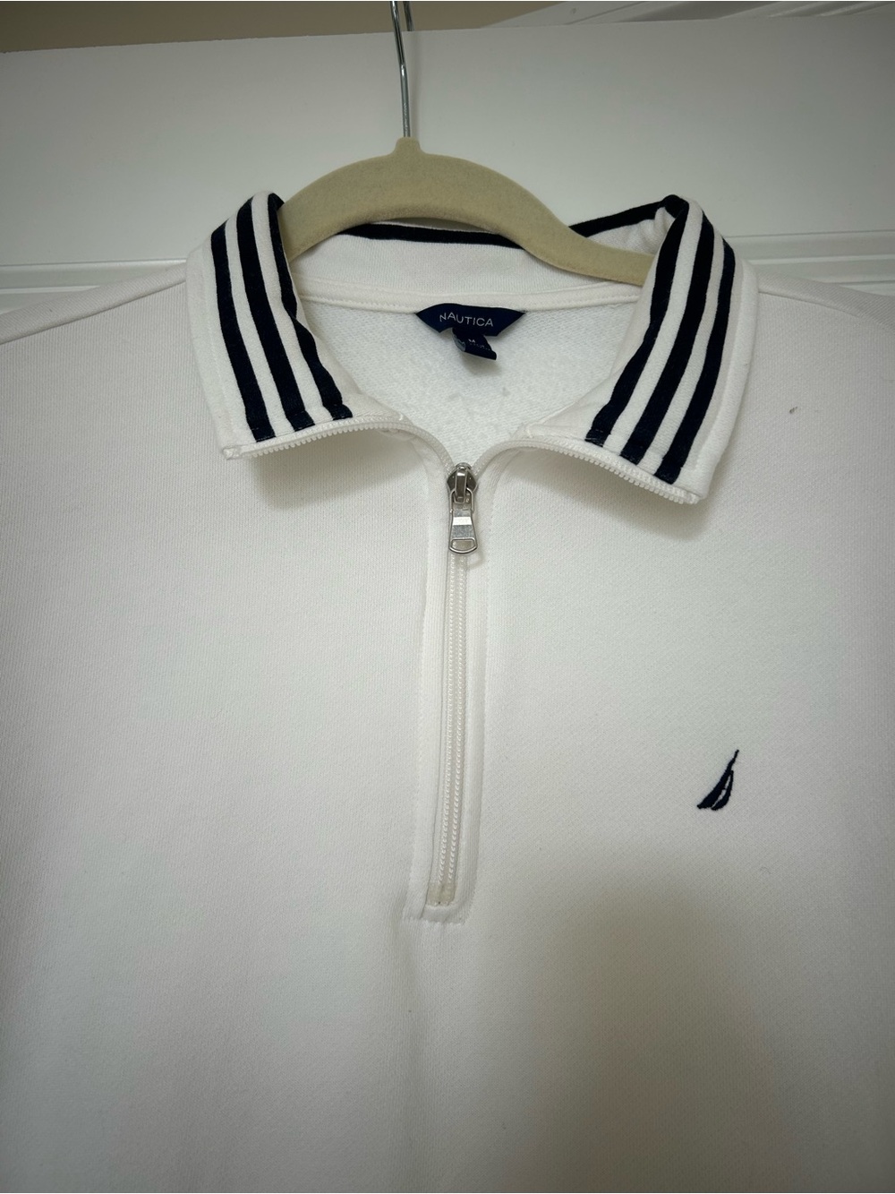 Nautica White Quarter-Zip Sweater with Navy Striped Collar